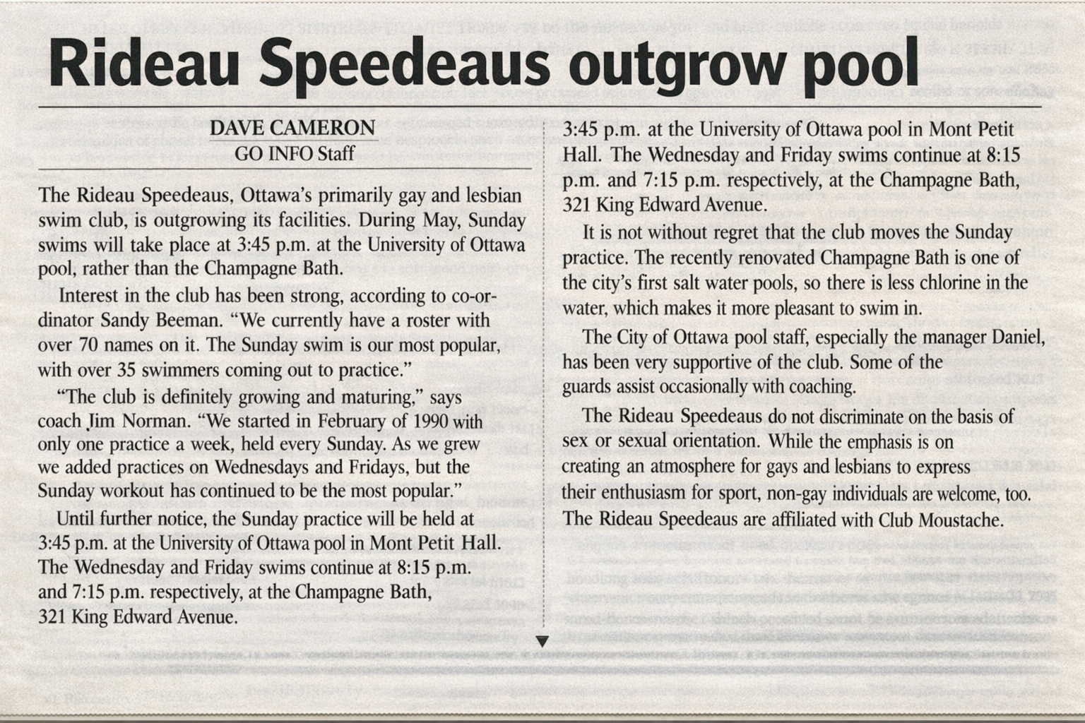Newspaper clipping about the Rideau Speedeaus outgrowing the pool